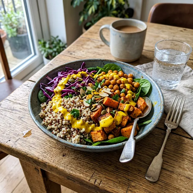 Vegan chickpea and quinoa bowl with tahini