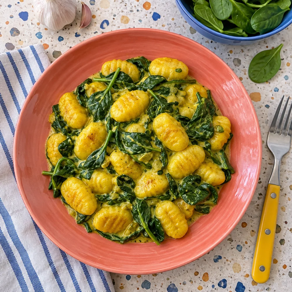 Golden turmeric gnocchi with spinach