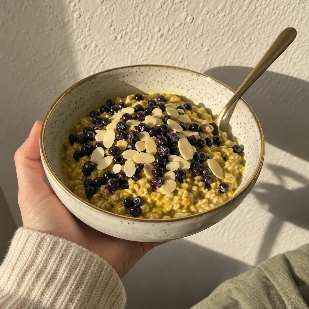 Golden milk porridge with turmeric and blueberries