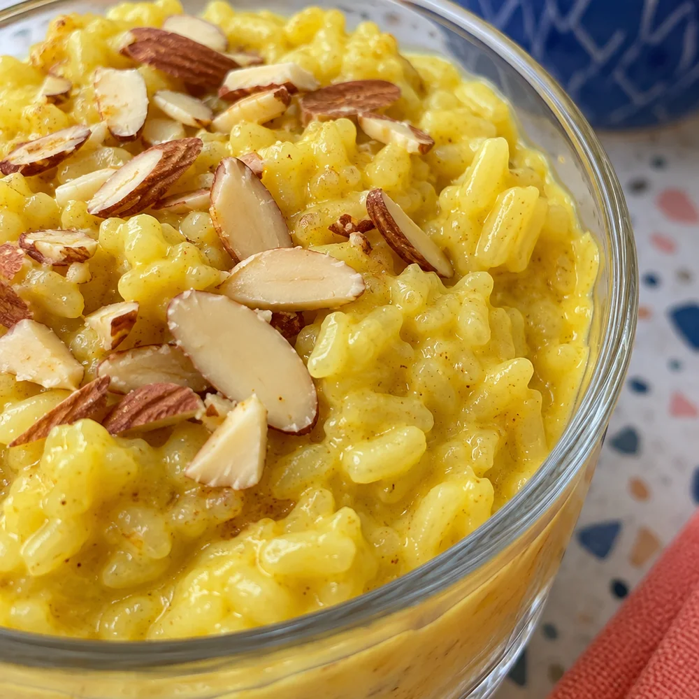 Golden pudding rice with turmeric and almonds