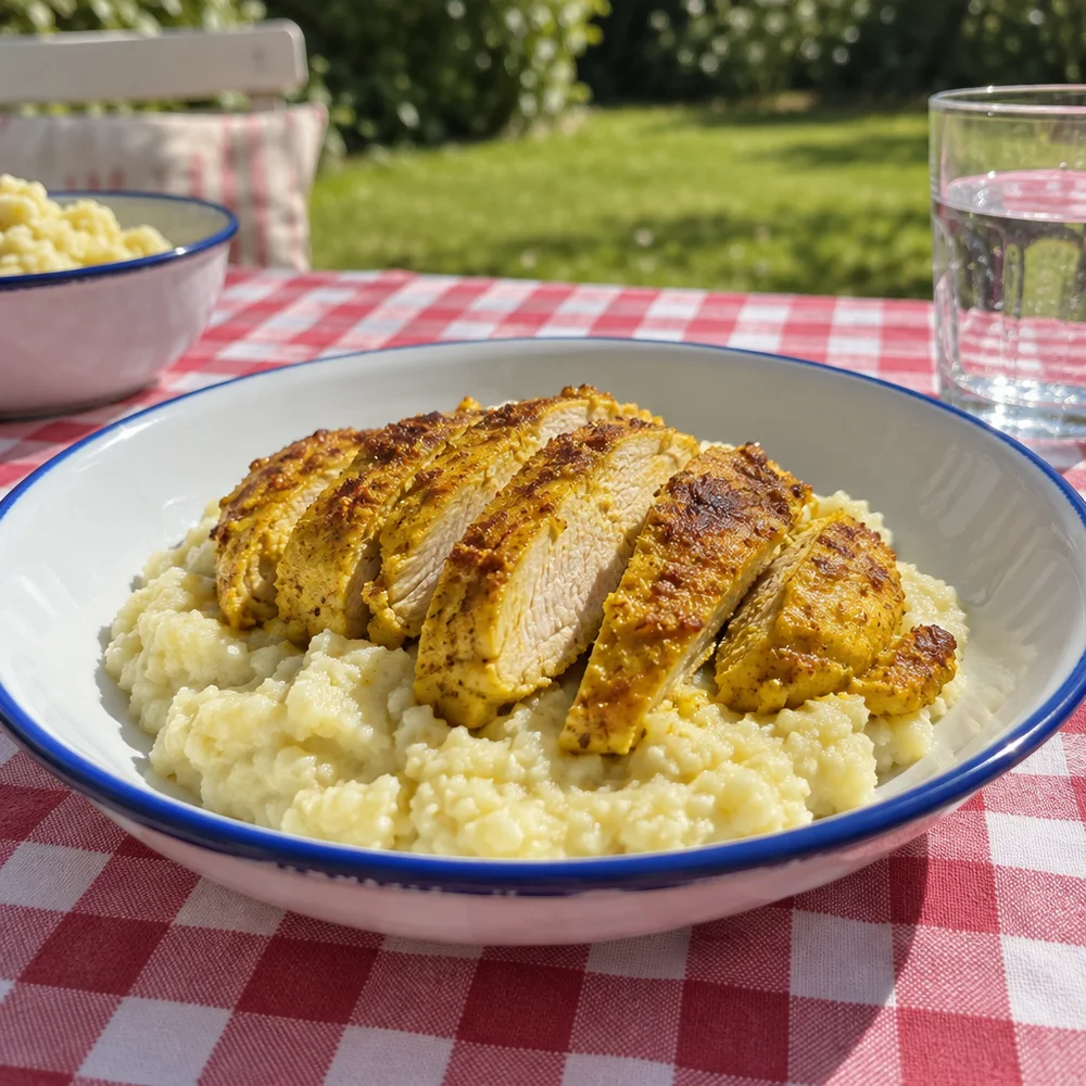 Turmeric chicken on cauliflower purée