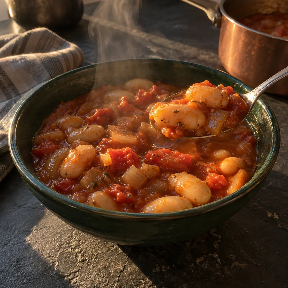 Greek oven-baked giant bean stew with tomatoes