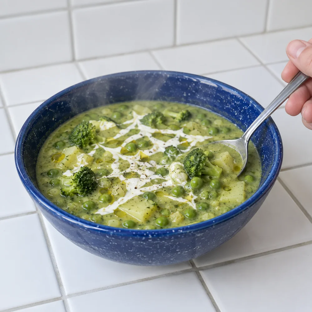 Green witch's soup with broccoli, peas and a yoghurt spider web