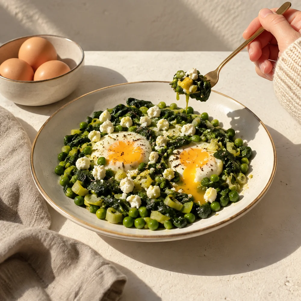 High-protein green shakshuka with spinach, peas and feta
