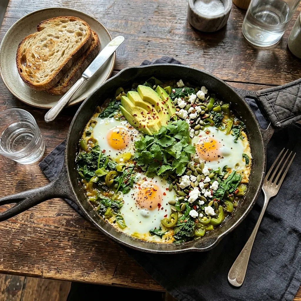 Green shakshuka with spinach and avocado
