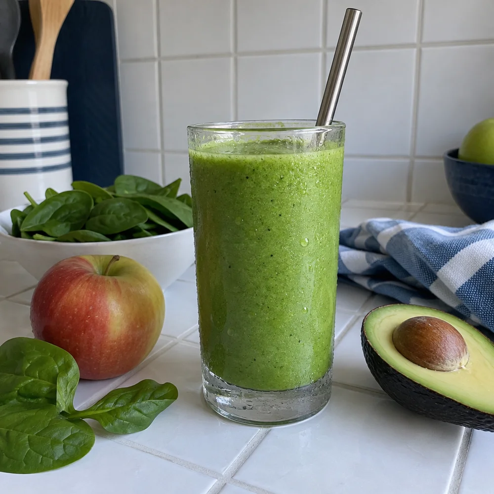 Green spinach and apple smoothie with avocado