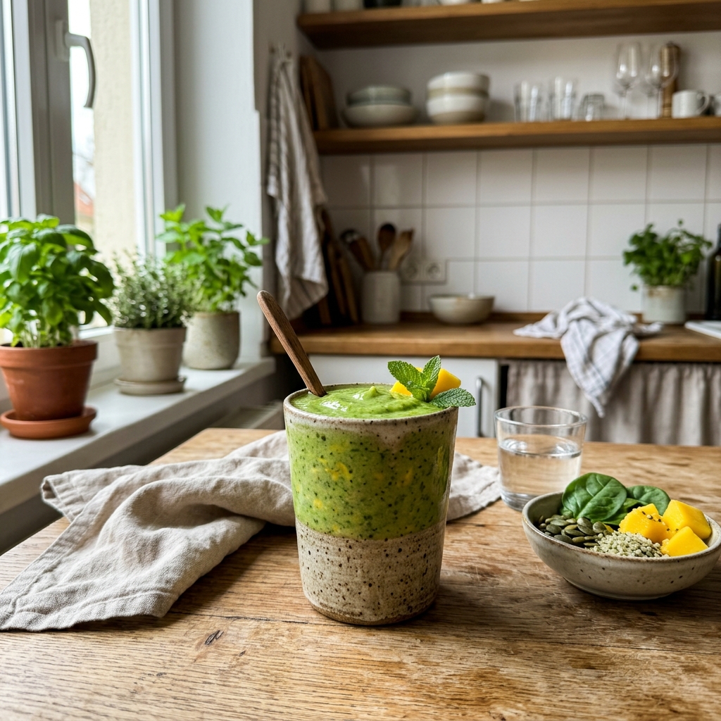 Green mango and spinach smoothie with coconut water