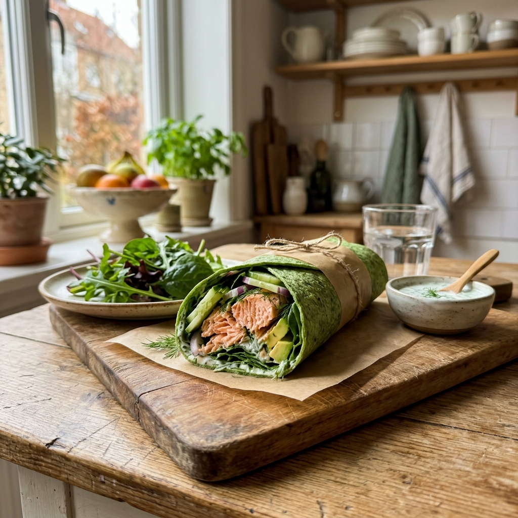 Green protein wrap with tender salmon