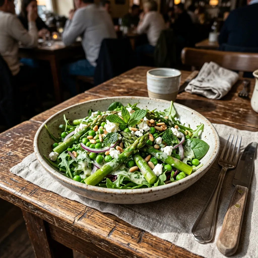 Green asparagus and pea salad with mint dressing
