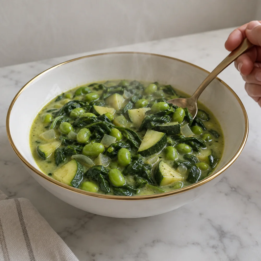Vegan green vegetable curry with spinach, edamame and coconut milk