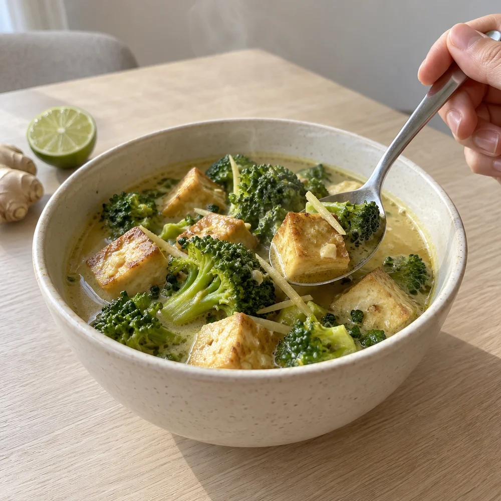 Vegan Thai curry with crispy tofu and broccoli