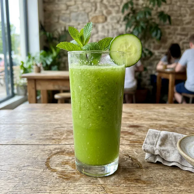 Vegan fresh cucumber and pear juice with mint