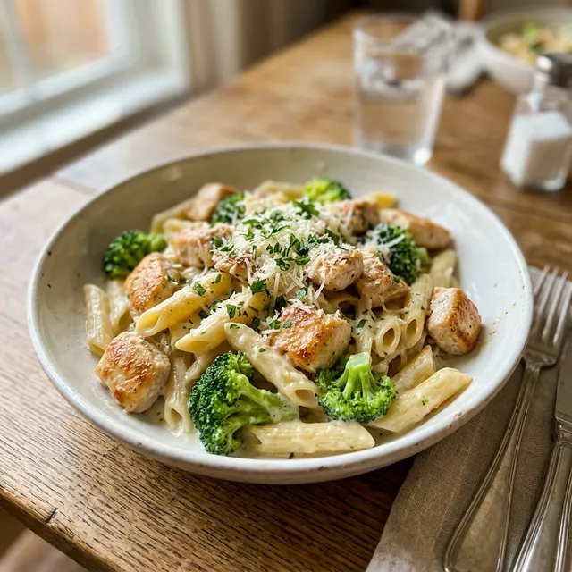 High-protein chicken Alfredo with broccoli and penne