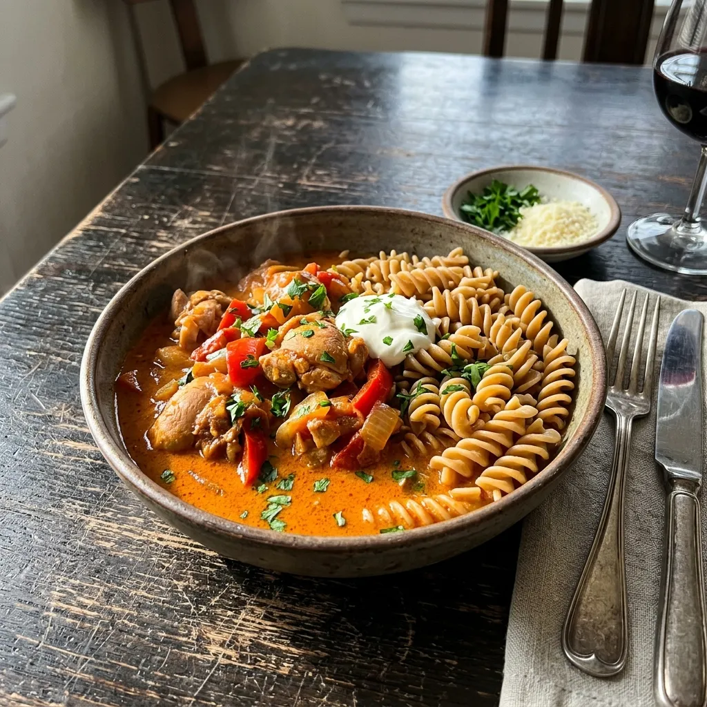 Chicken and pepper goulash with wholewheat pasta