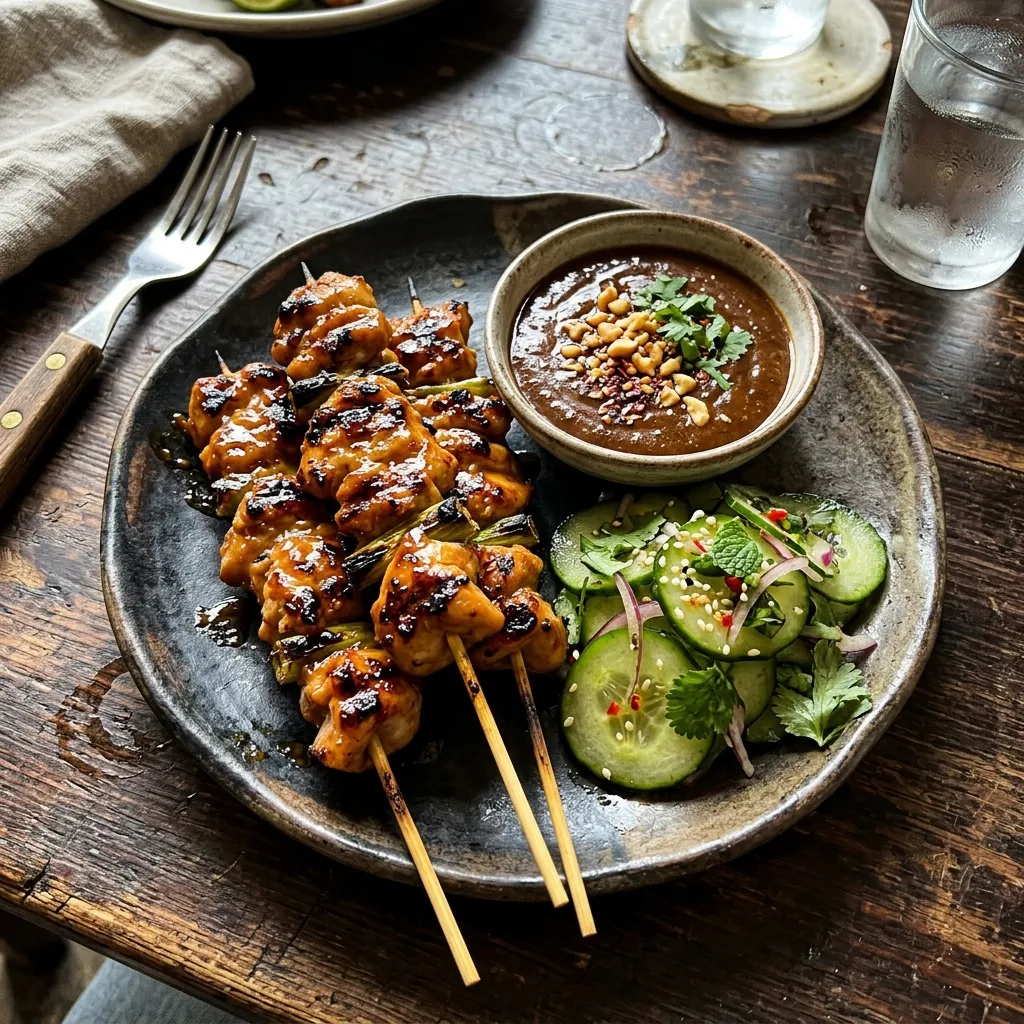 Chicken skewers with peanut sauce and salad