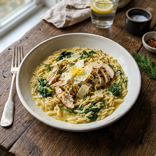 Quick chicken and lemon orzo with spinach and parmesan