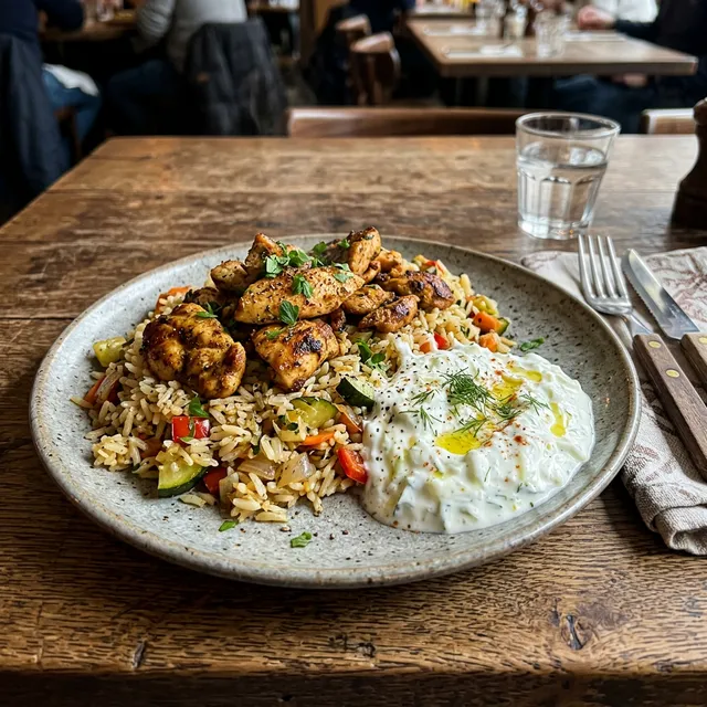 Chicken skewers with tzatziki and vegetable rice