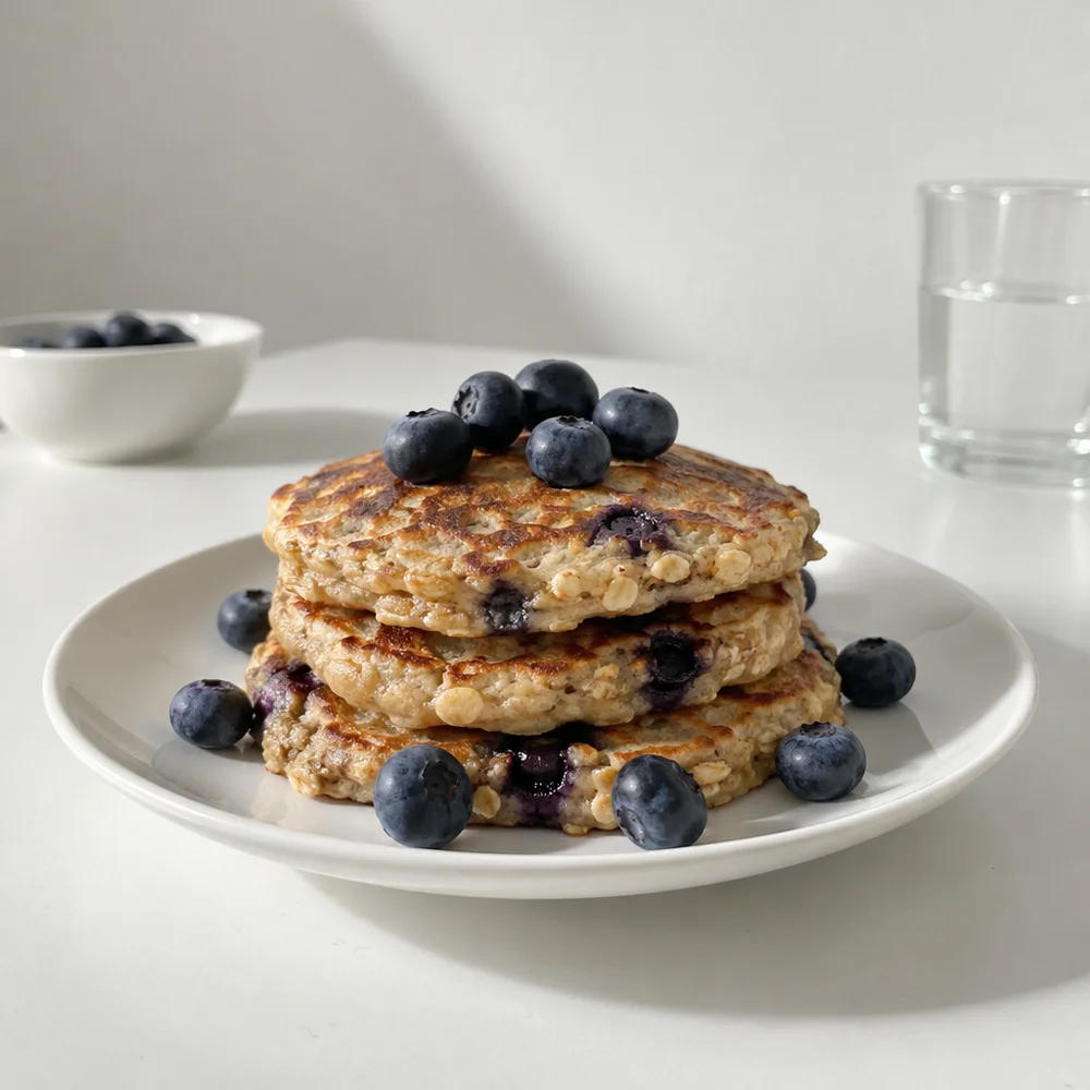 Gluten-free oat and banana pancakes with blueberries