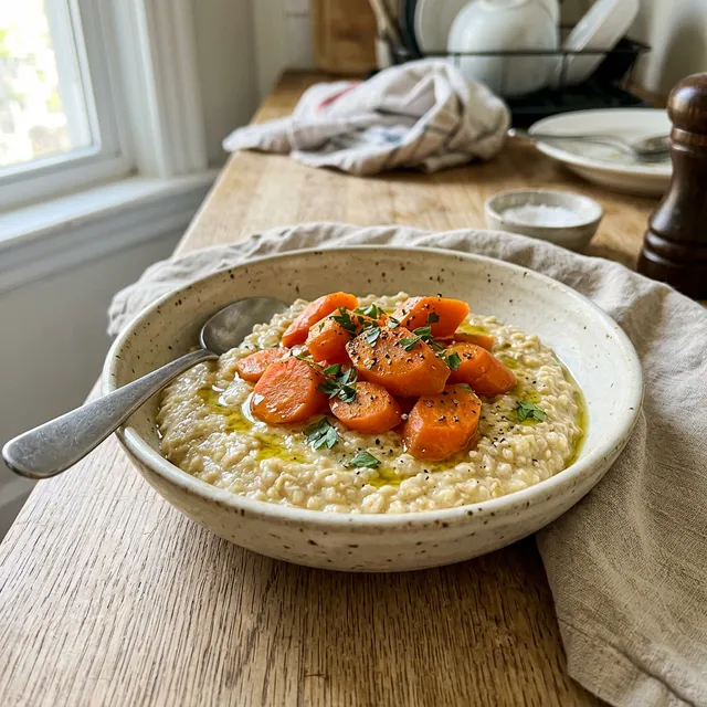 Vegan oat polenta with steamed carrots