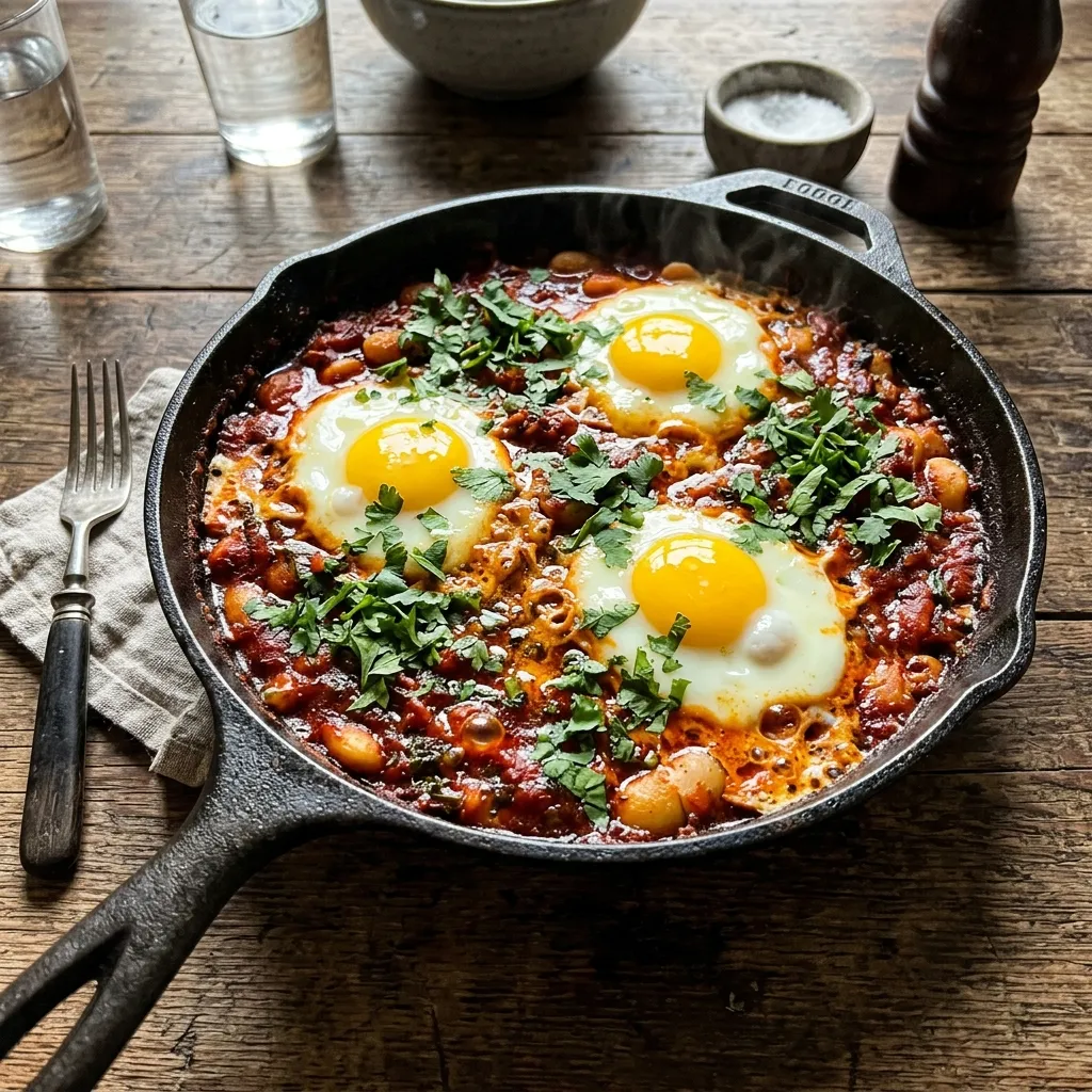 Harissa bean pan with fried eggs