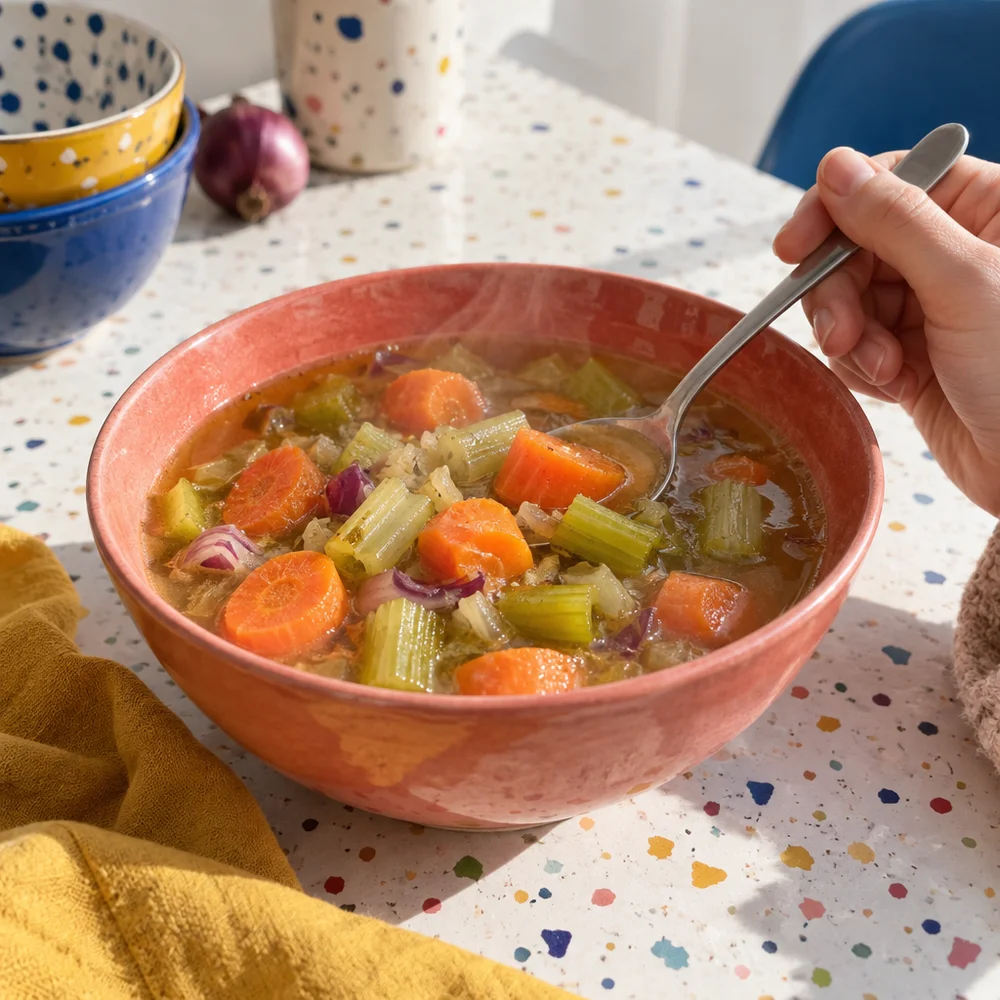 Low-carb bone broth stew with carrots and celery