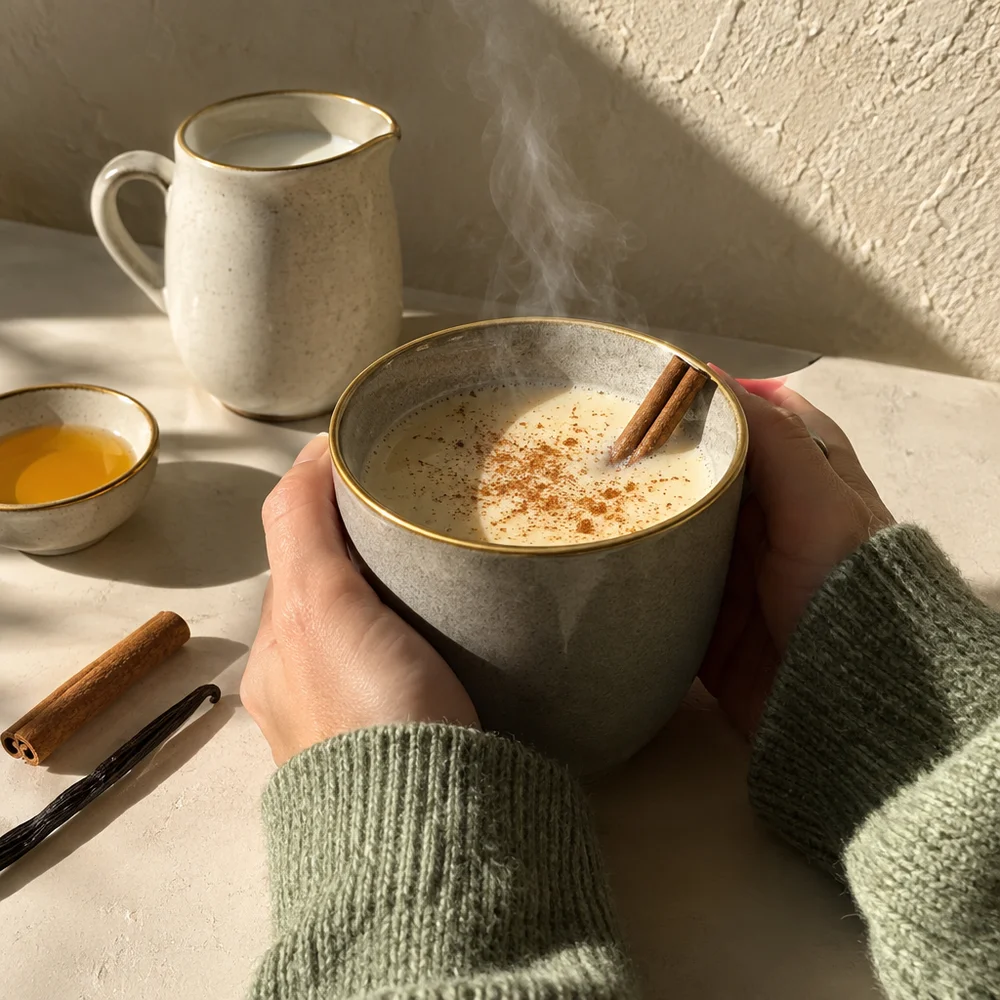 Hot vanilla milk with honey and cinnamon