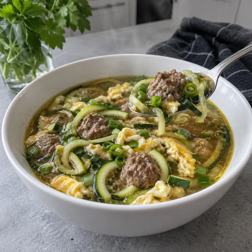 Hearty meatball and courgette noodle soup