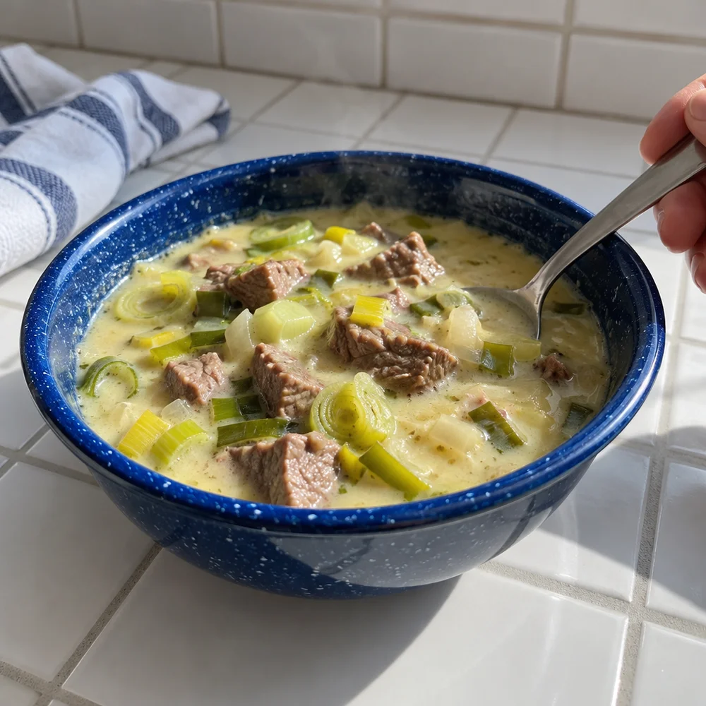 Hearty cheese and leek soup with beef