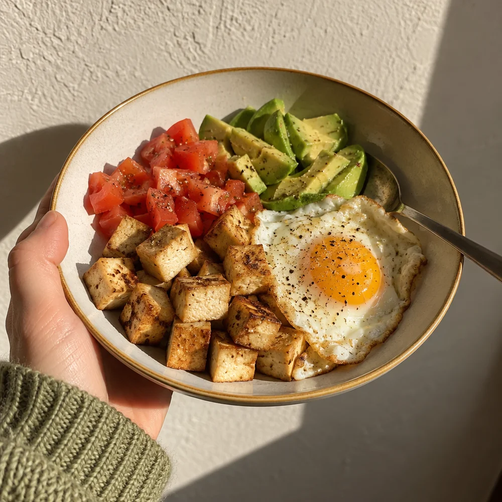 Savoury smoked tofu, egg and avocado breakfast bowl