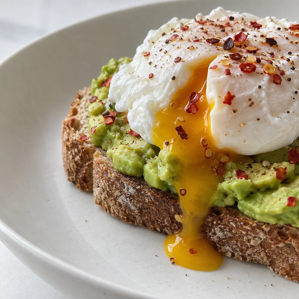 Toasted bread with avocado, poached egg and chilli
