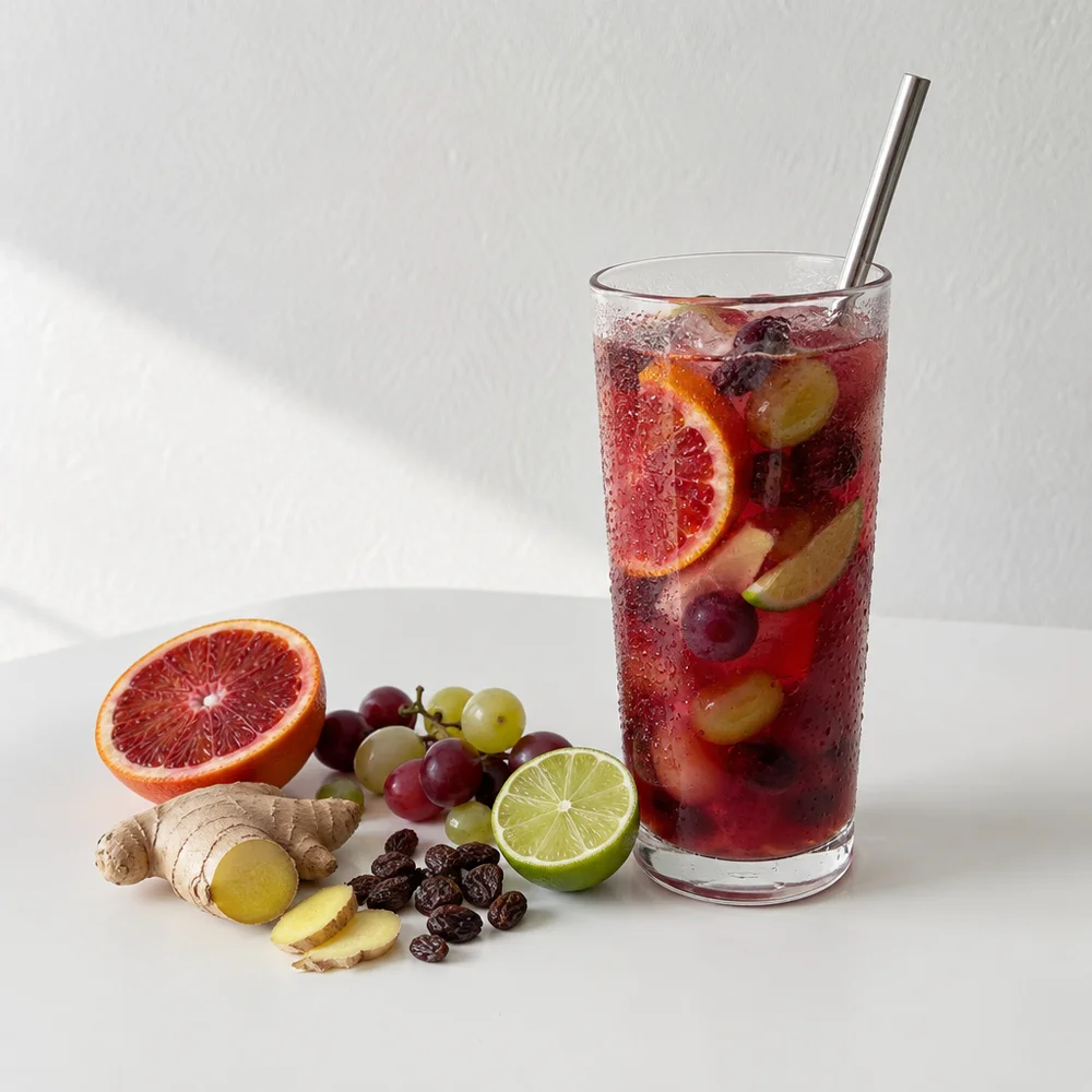 Witch's potion with blood orange, ginger and grape eyeballs