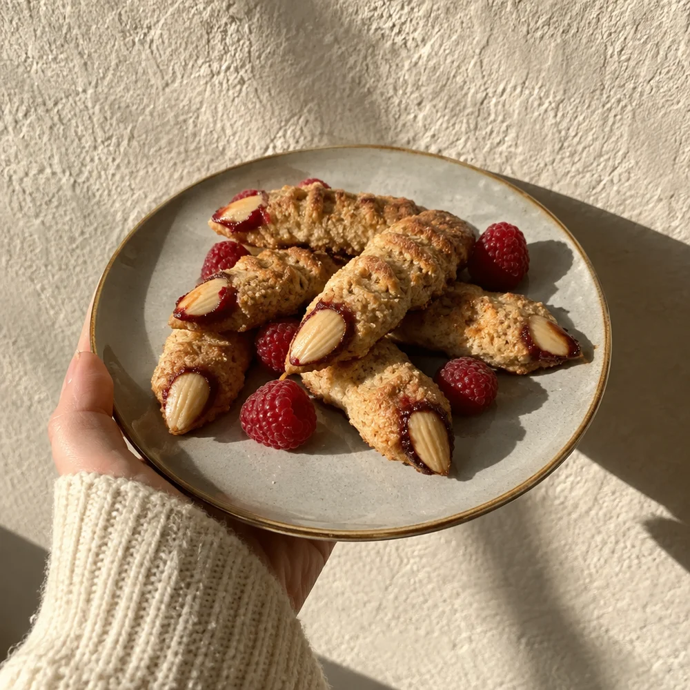 Spelt witch's fingers with almond nails and raspberries