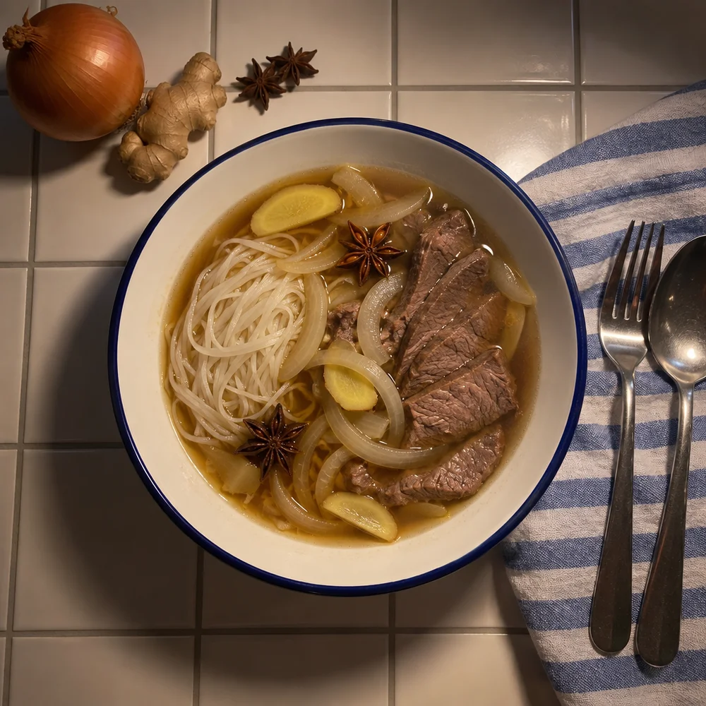 High-protein Asian fondue with rump steak, star anise and rice noodles