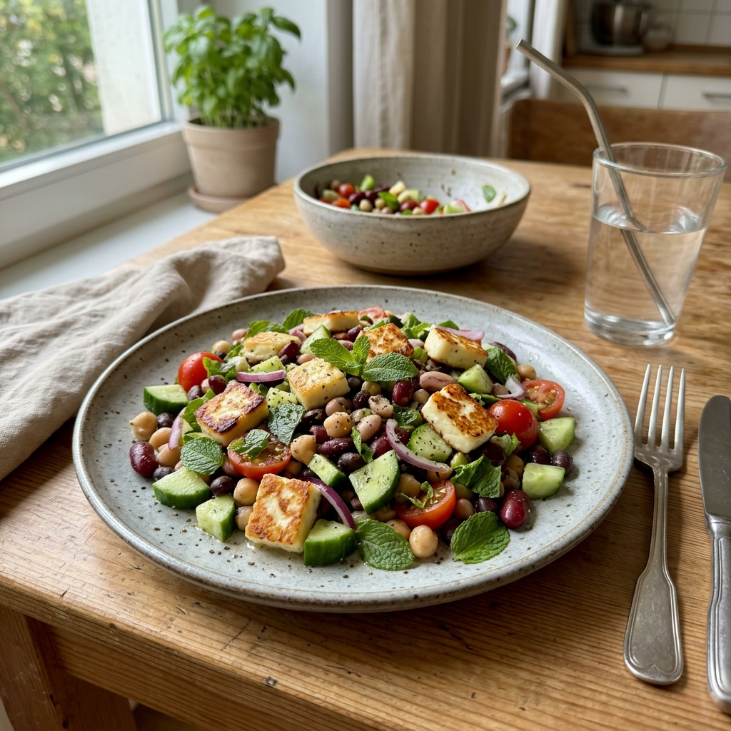 High-protein bean and halloumi salad