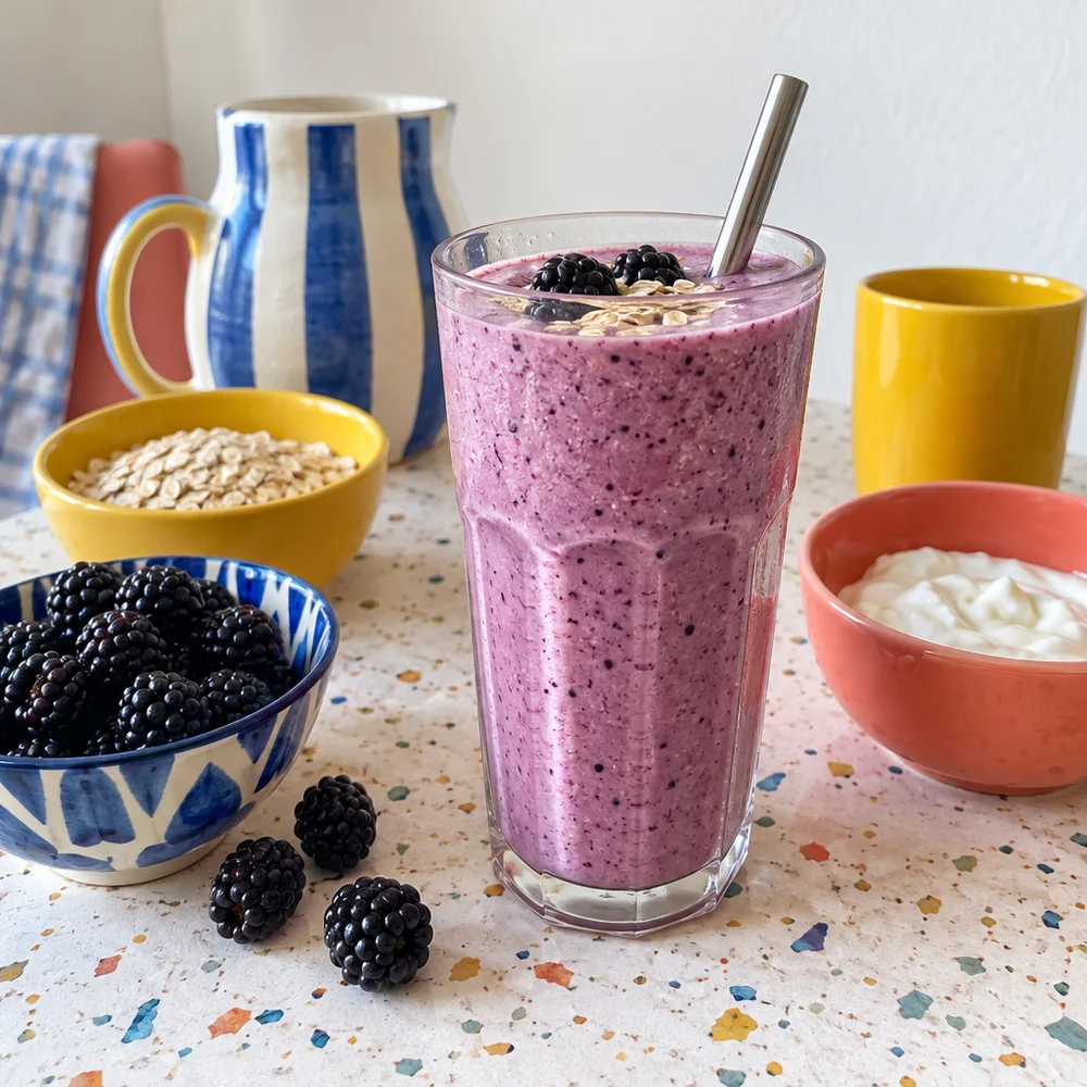 High-protein blackberry quark shake without protein powder
