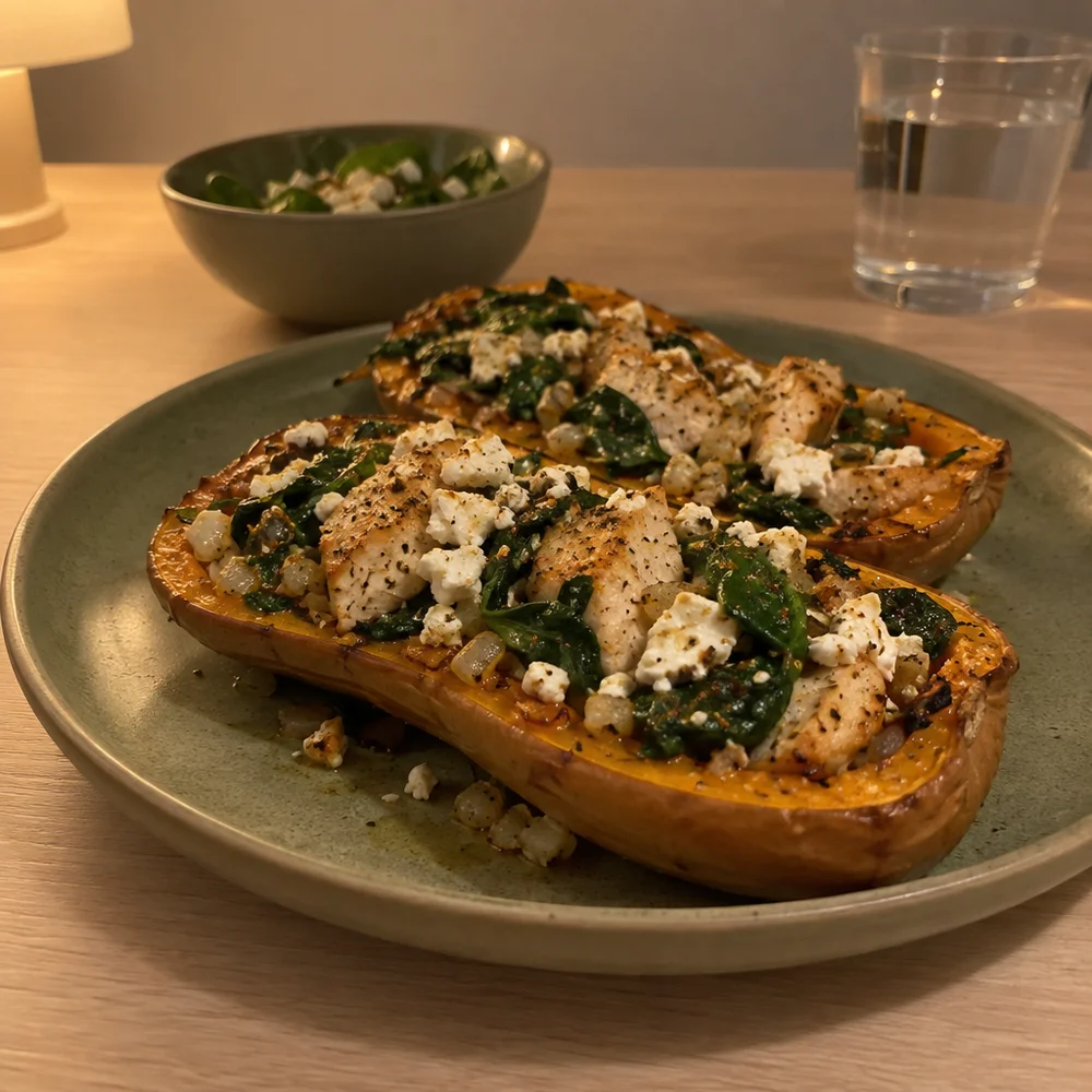 High-protein butternut squash halves with chicken, spinach and feta