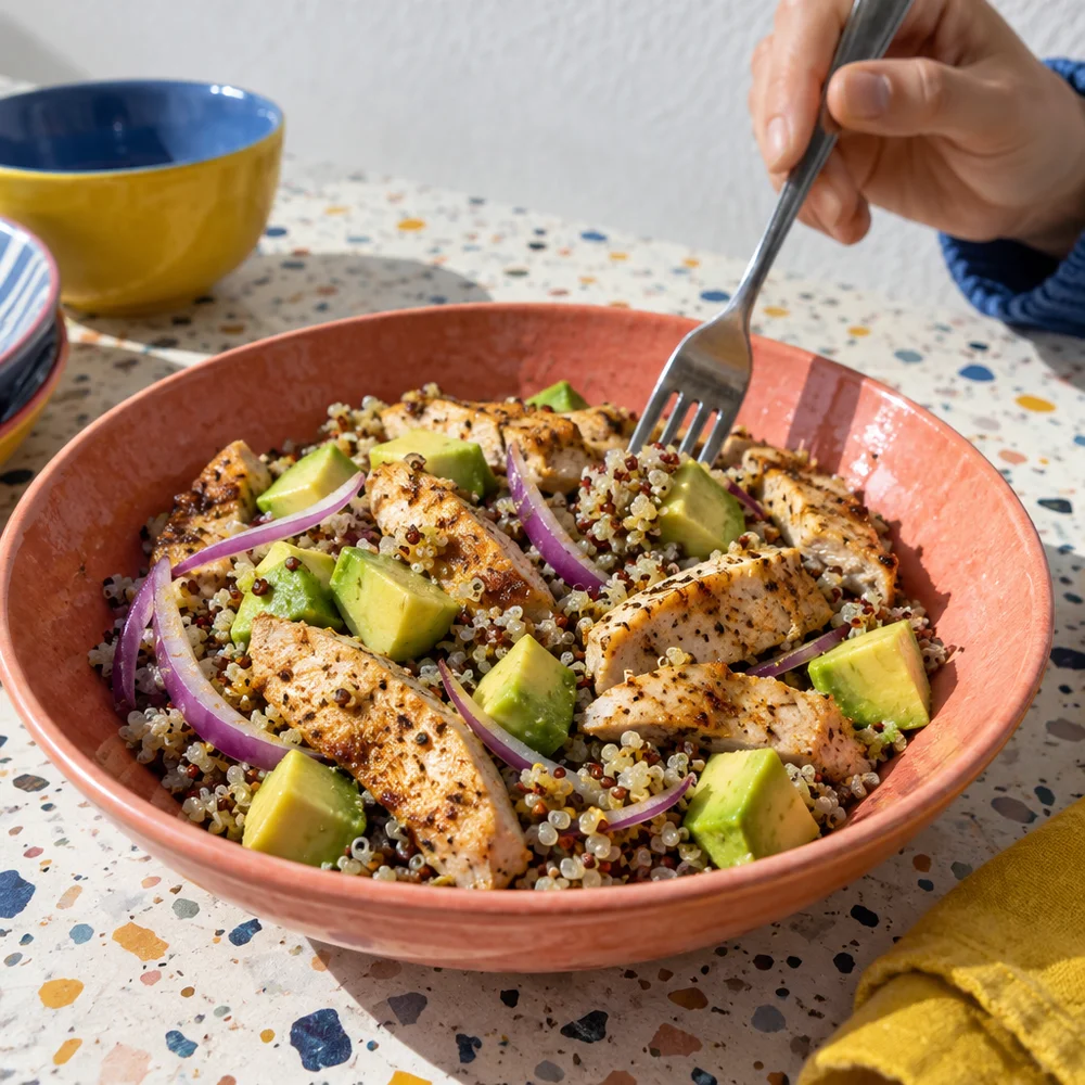 High-protein chicken fajita bowl with quinoa