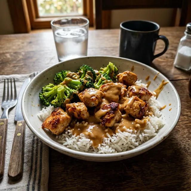 High-protein peanut butter chicken bowl with broccoli