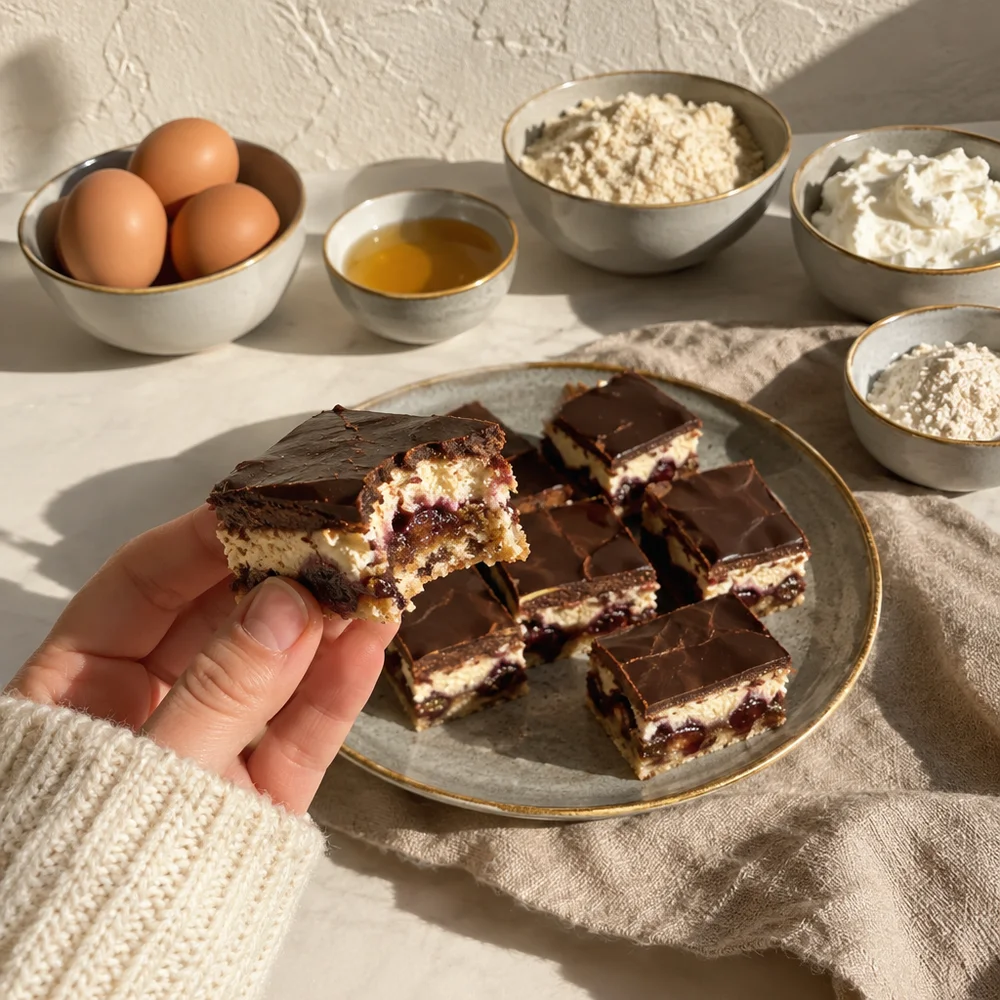 High-protein Dominosteine (layered gingerbread cubes) with dried plums and quark marzipan