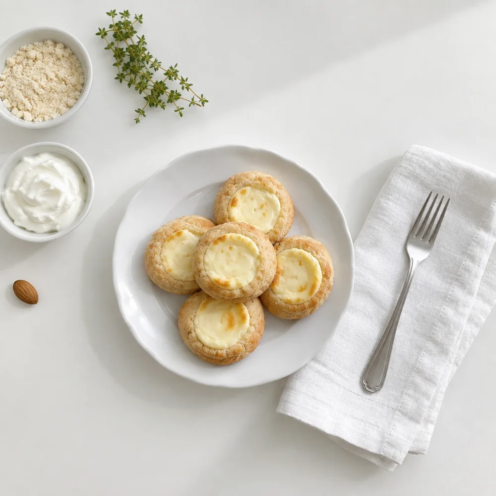 High-protein Engelsaugen (thumbprint cookies) with cheesecake filling