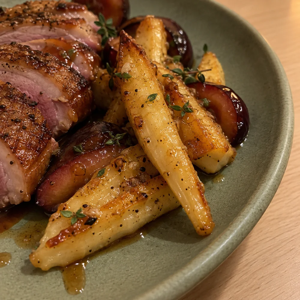 High-protein duck breast with honey parsnips and plums