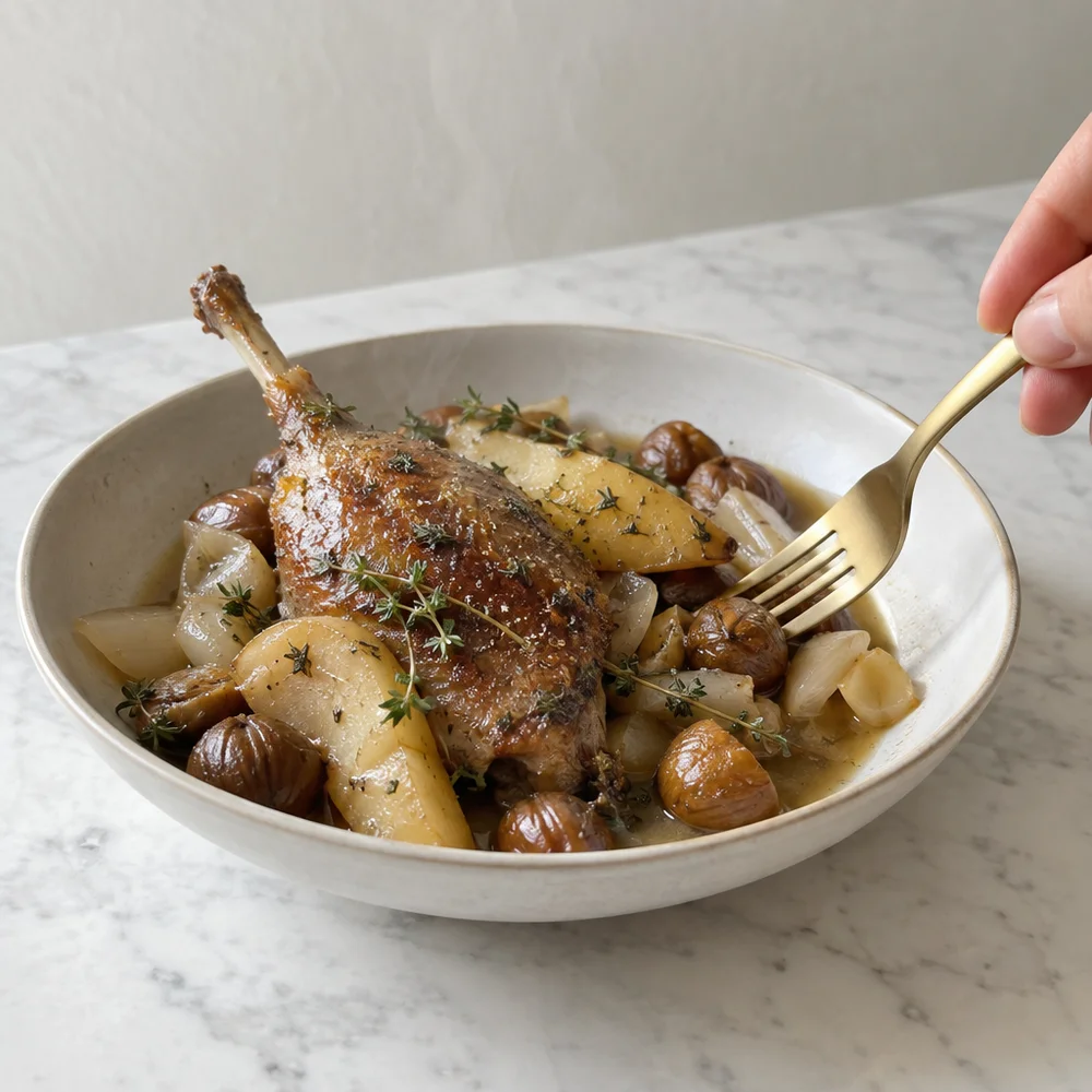 High-protein duck legs with chestnuts, pears and thyme
