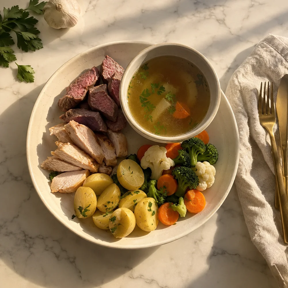High-protein fondue chinoise with beef fillet, turkey and veg