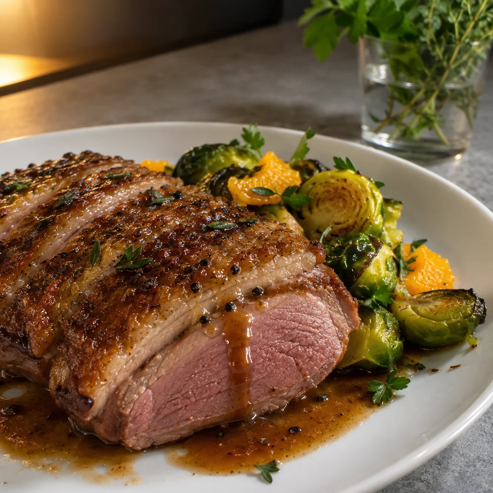 High-protein goose breast with orange Brussels sprouts