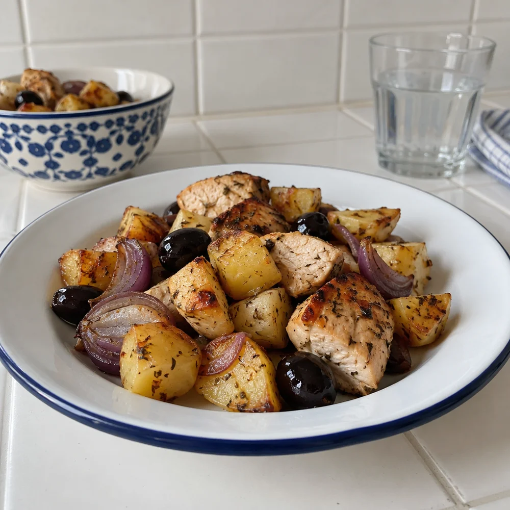 High-protein Greek roast potatoes with chicken and olives
