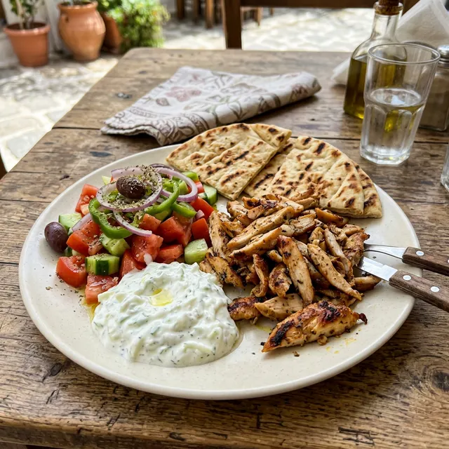High-protein Greek chicken gyros plate