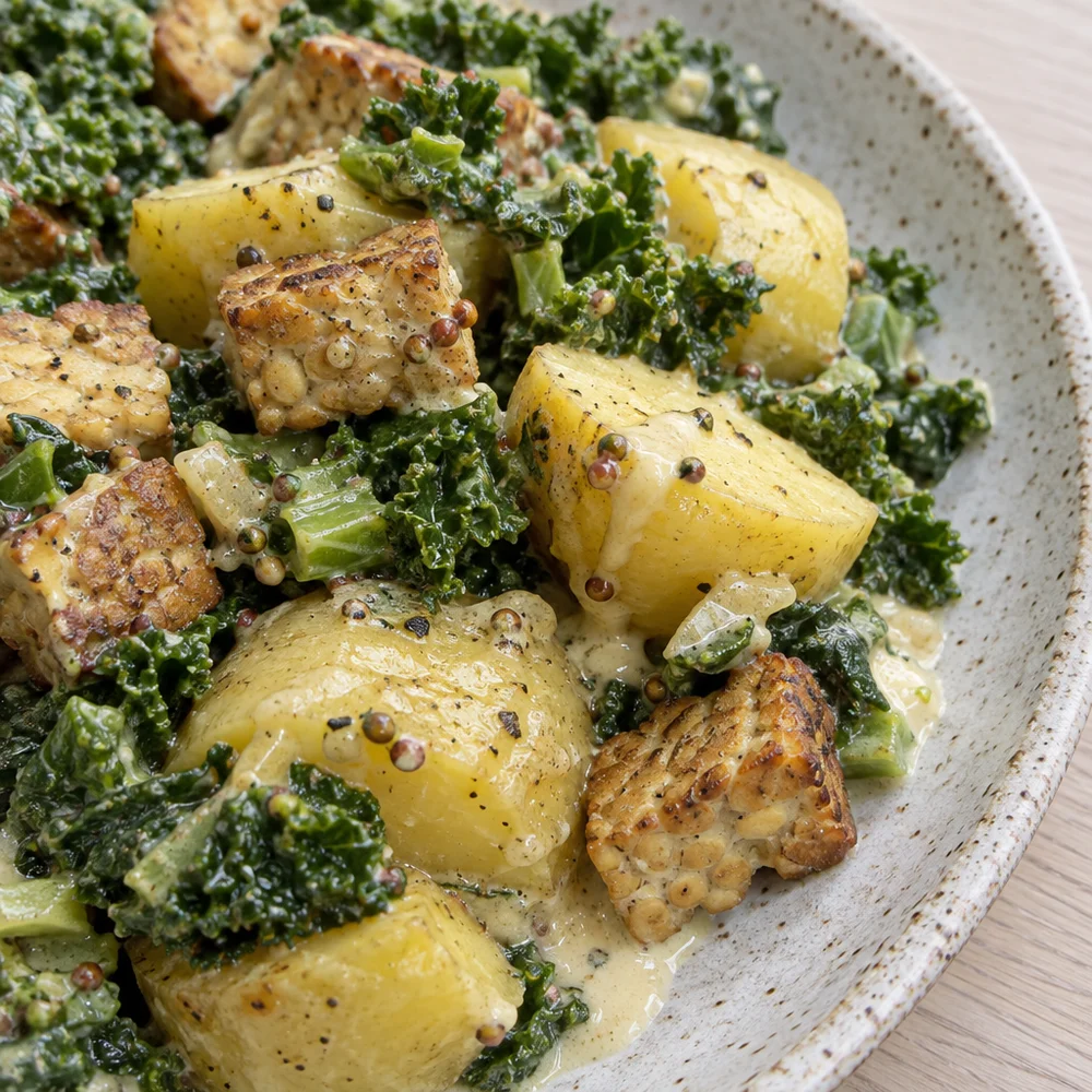 High-protein kale and potato pan-fry with tempeh and mustard