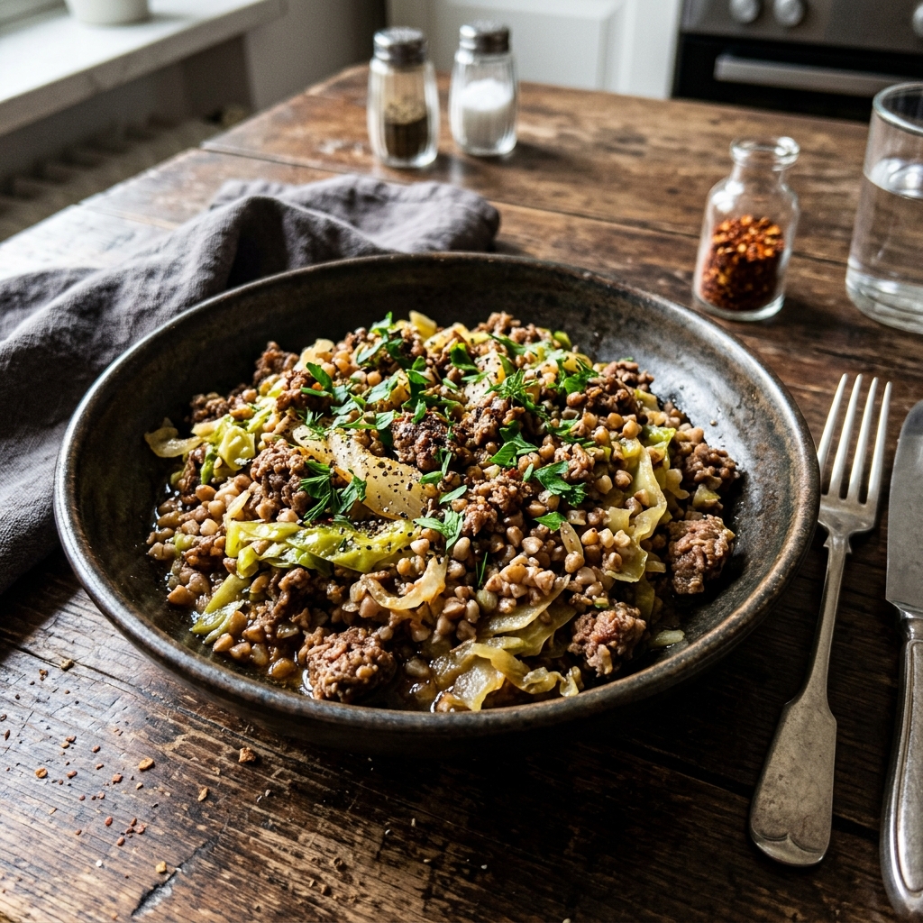 High-protein beef mince and white cabbage pan with buckwheat