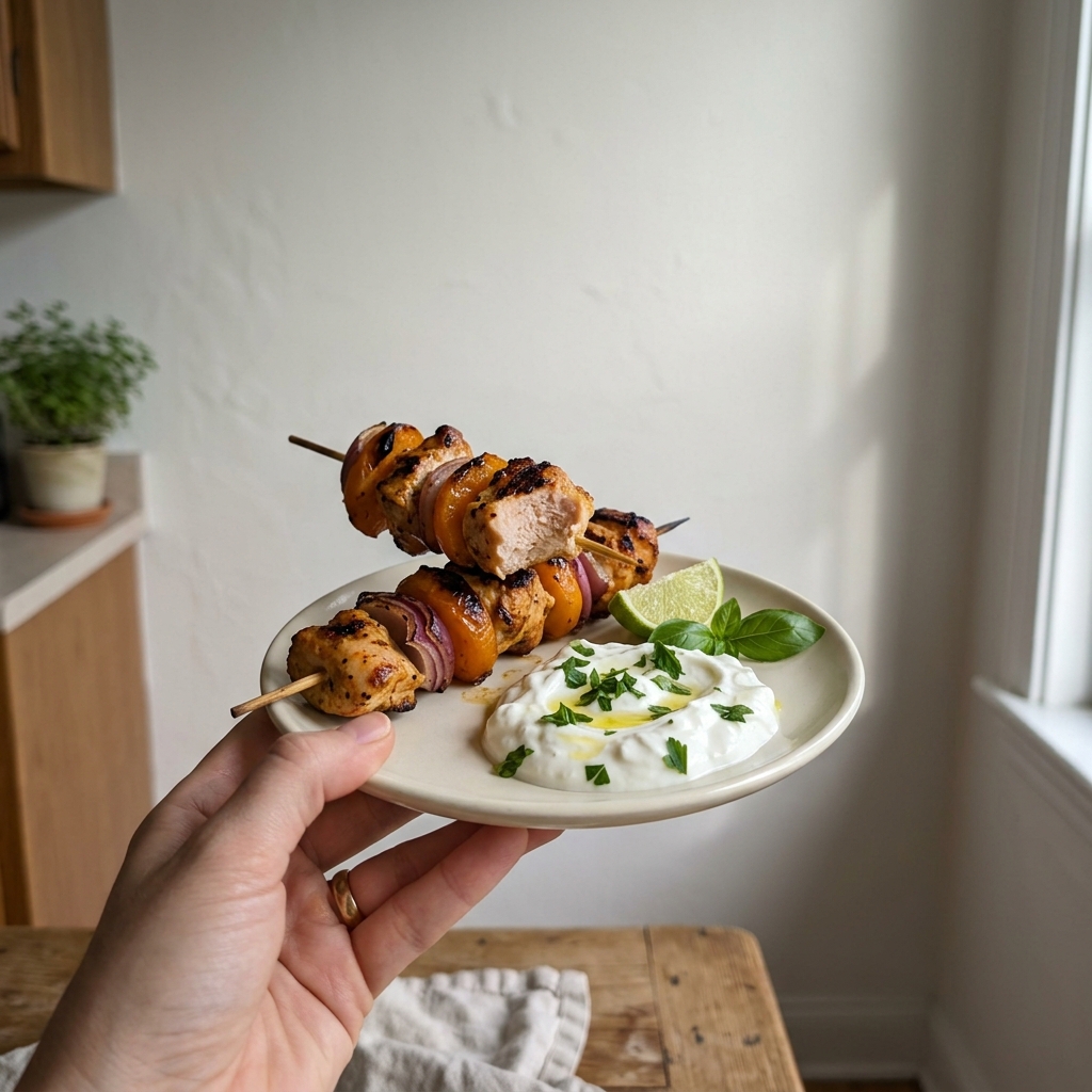 High-protein chicken and apricot skewers