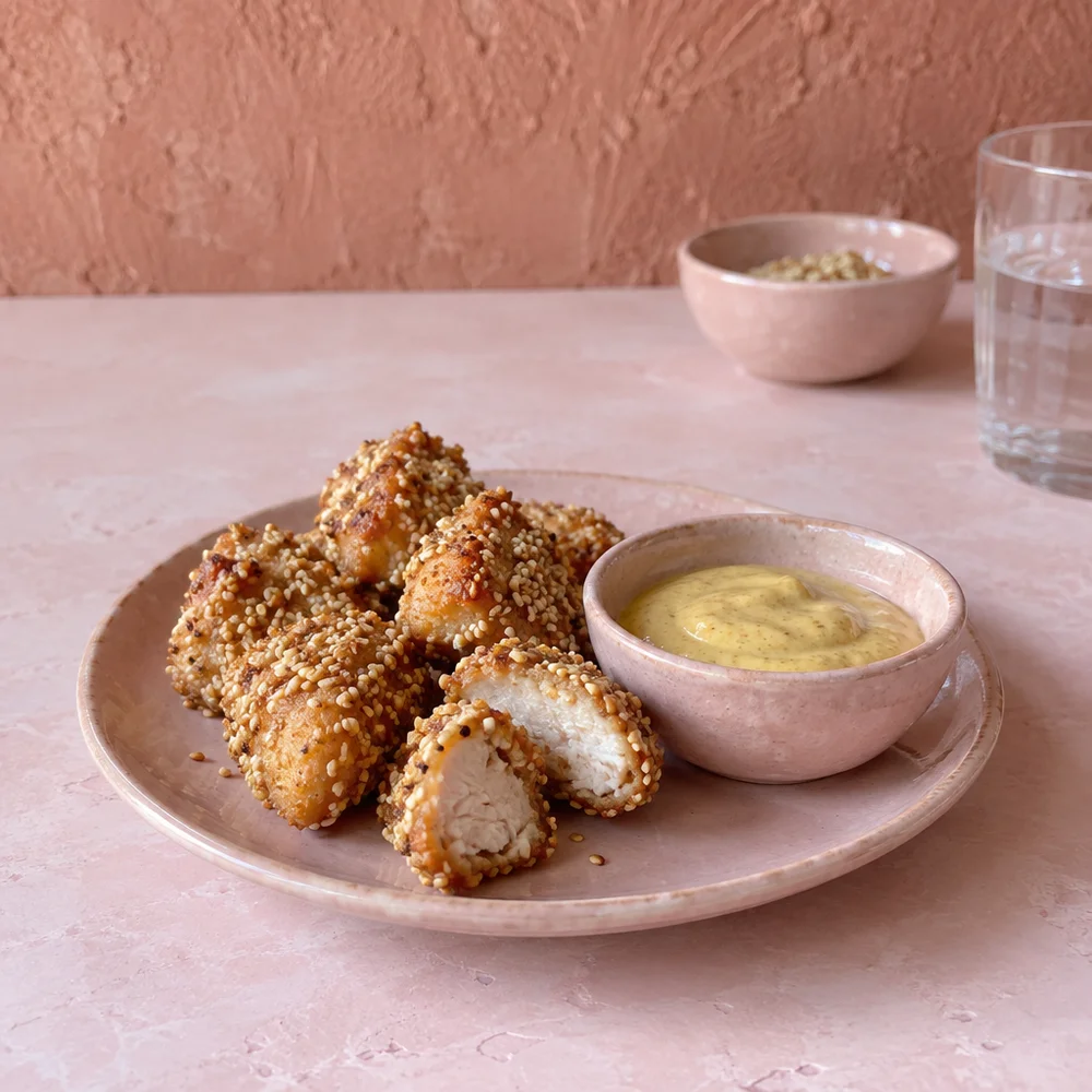 High-protein sesame-crusted chicken bites with mustard dip